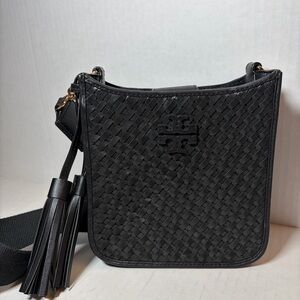 Tory Burch Thea Woven Crossbody Shoulder Bag Purse Black Tassel